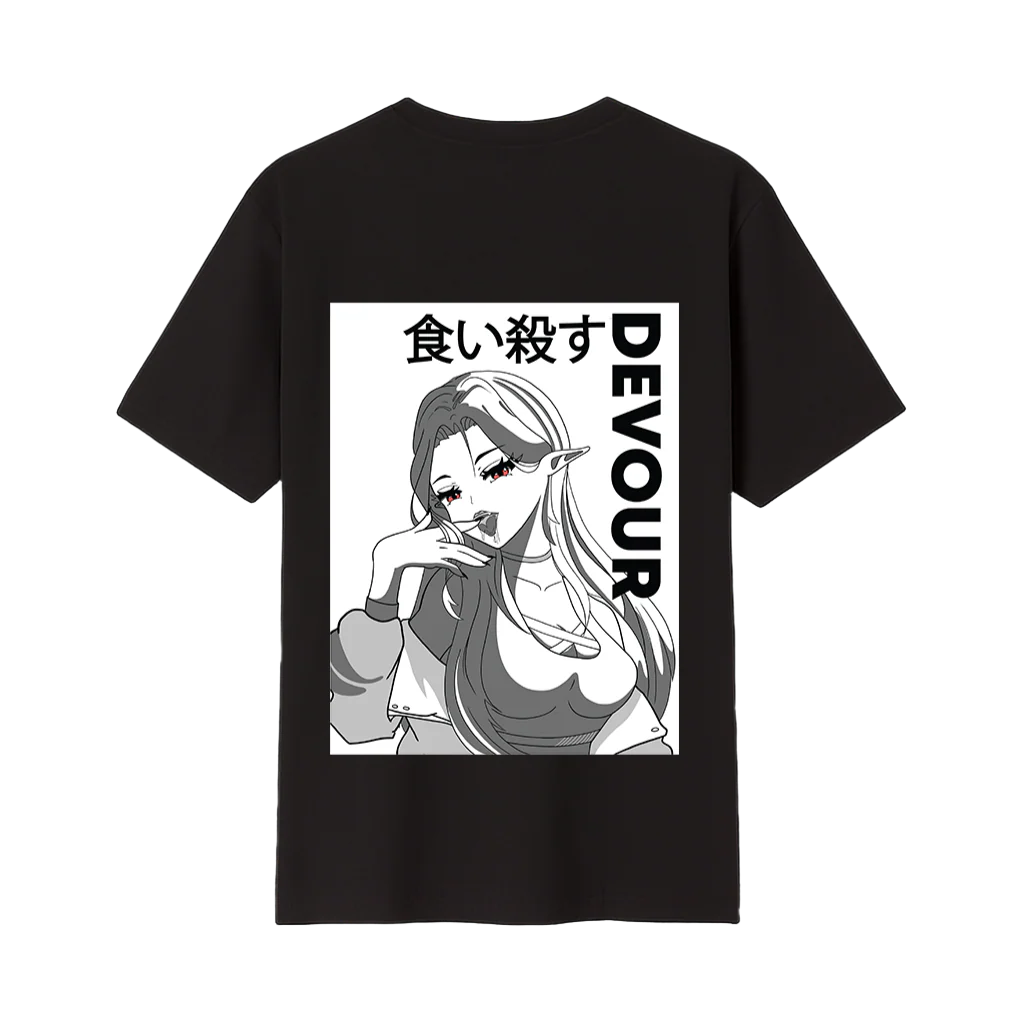 Black t-shirt with graphic design and text on a white background