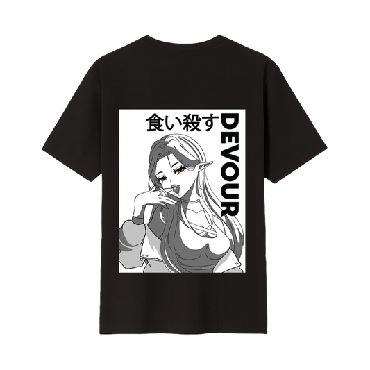 Black t-shirt with graphic design and text on a white background